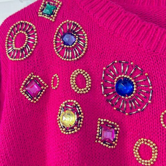 Vintage bright pink cotton/ramie sweater with beads and rhinestones - size L - Picture 4 of 9